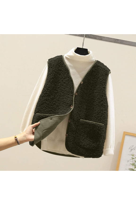 Womens Fuzzy Fleece Vest Sleeveless Button V-Neck Fall Winter Jacket Warm Outerwear Waistcoat with Pockets Green M
