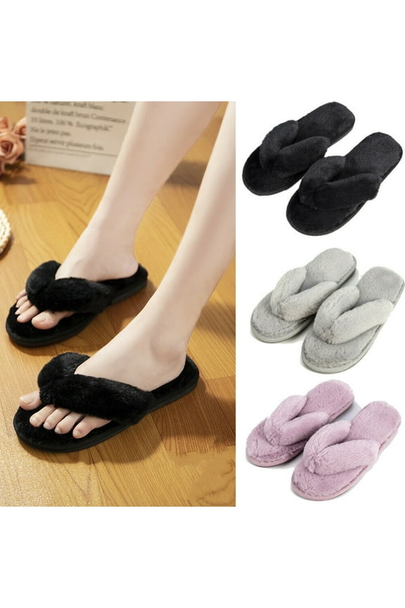 Womens Fuzzy Flip Flop Slippers Soft Plush Open Toe Slip, House Fluffy Furry Sandal Slides for Indoor Outdoor, Black