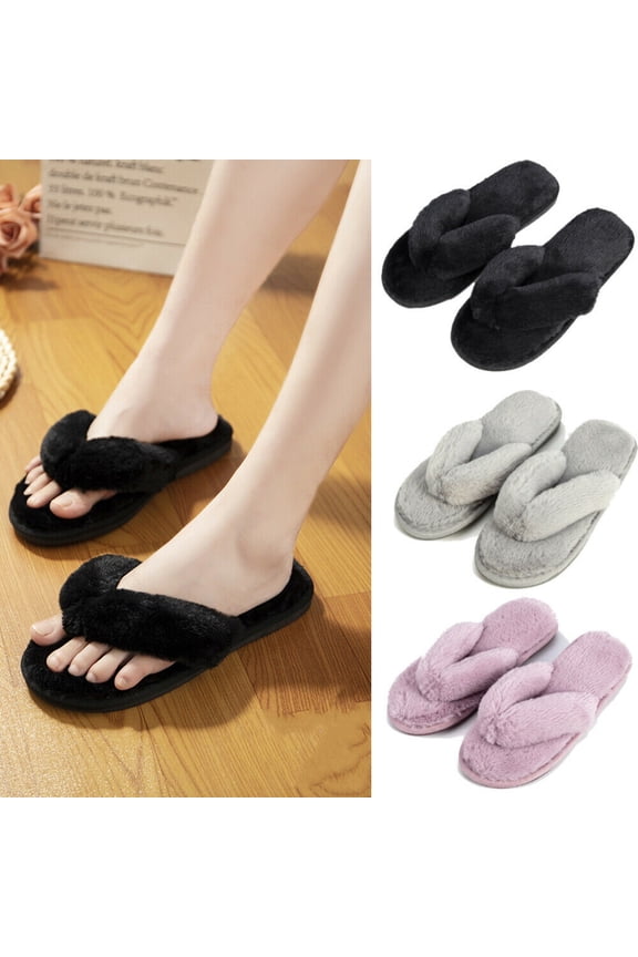 Womens Fuzzy Flip Flop Slippers Soft Plush Open Toe Slip, House Fluffy Furry Sandal Slides for Indoor Outdoor, Pink