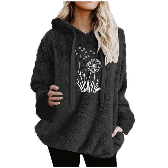 Womens Fuzzy Graphic Hoodies Oversized Sherpa Pullover Hoodie with Pockets Fluffy Fleece Sweatshirt Outwear, 3XL Black