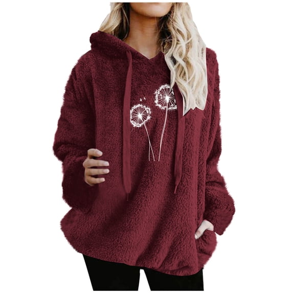 Womens Fuzzy Graphic Hoodies Oversized Sherpa Pullover Hoodie with Pockets Fluffy Fleece Sweatshirt Outwear, 3XL Wine