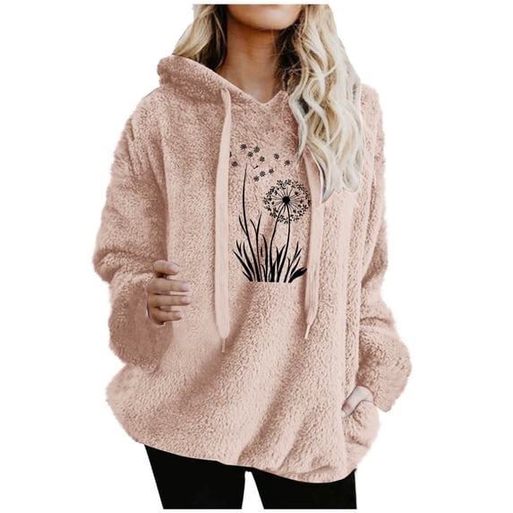 Womens Fuzzy Graphic Hoodies Oversized Sherpa Pullover Hoodie with Pockets Fluffy Fleece Sweatshirt Outwear, L Pink