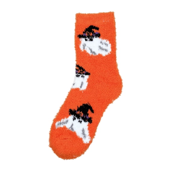 Womens Fuzzy Halloween Socks with Ghost and Witch Hat Pattern Cozy Fleece Crew Socks for Winter Cold Weather Comfort Saffron