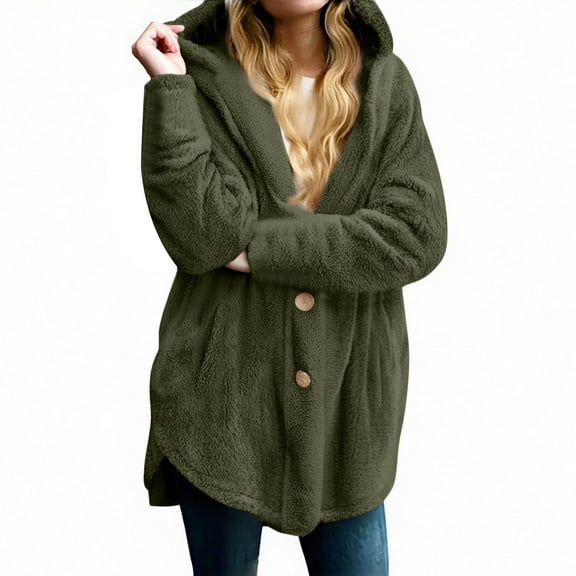 Womens 2025 Winter Long Sleeve Button Down Fuzzy Fleece Open Front Hooded Cardigans Jackets Coats Outerwear with Pocket