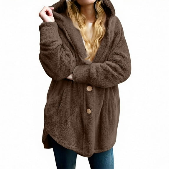 Womens 2025 Winter Long Sleeve Button Down Fuzzy Fleece Open Front Hooded Cardigans Jackets Coats Outerwear with Pocket
