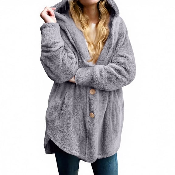 Womens 2025 Winter Long Sleeve Button Down Fuzzy Fleece Open Front Hooded Cardigans Jackets Coats Outerwear with Pocket