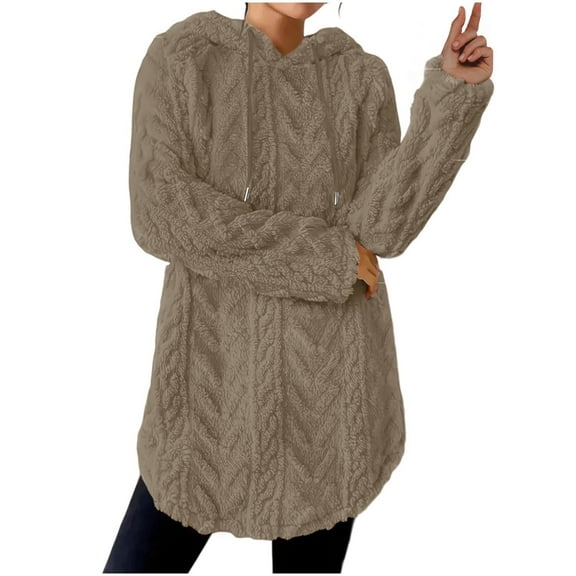 Womens Fuzzy Hoodies Fleece Pullover Hoodie for Women Casual Long Length Solid Drewstring Sweatshirts Winter Warmth Loungewear