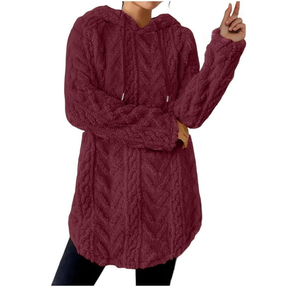 Womens Fuzzy Hoodies Fleece Pullover Hoodie for Women Casual Long Length Solid Drewstring Sweatshirts Winter Warmth Loungewear