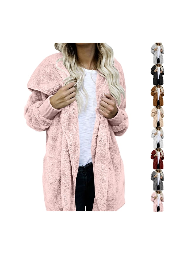Womens Fuzzy Jacket Hooded Cardigan Soft Cozy Open Front Sherpa Fleece Coat Winter Warm Outwear with Pockets