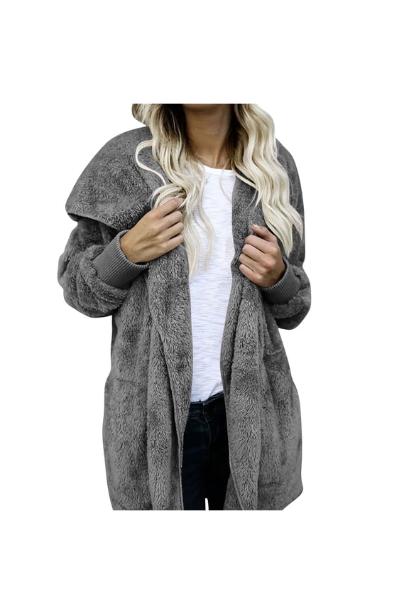 Womens Fuzzy Jacket Hooded Cardigan Soft Cozy Open Front Sherpa Fleece Coat Winter Warm Outwear with Pockets