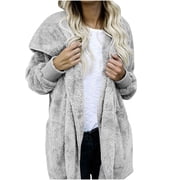 Womens Fuzzy Jacket Hooded Cardigan Soft Cozy Open Front Sherpa Fleece Coat Winter Warm Outwear with Pockets