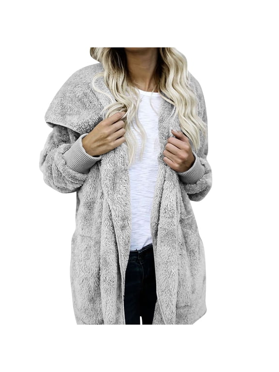 Womens Fuzzy Jacket Hooded Cardigan Soft Cozy Open Front Sherpa Fleece Coat Winter Warm Outwear with Pockets