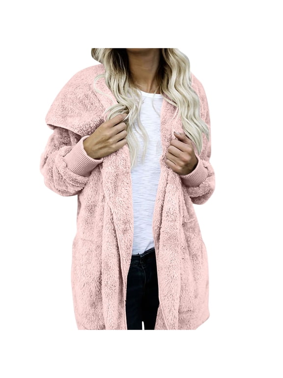 Womens Fuzzy Jacket Hooded Cardigan Soft Cozy Open Front Sherpa Fleece Coat Winter Warm Outwear with Pockets