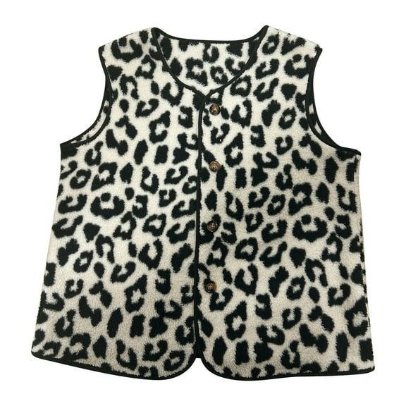 Womens Fuzzy Jacket Leopard Print Lightweight Vest Cozy Sleeveless Cardigan with Button