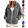 thumbnail image 1 of Womens Fuzzy Jacket Solid Color Long Sleeve Zip-Up Fleece Hooded Jacket with Drawstring and Pockets Fall/Winter Fuzzy Coats, 1 of 8