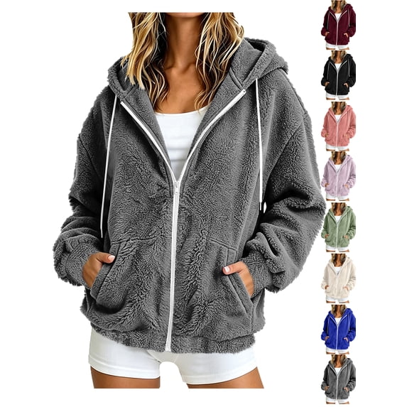Womens Fuzzy Jacket Solid Color Long Sleeve Zip-Up Fleece Hooded Jacket with Drawstring and Pockets Fall/Winter Fuzzy Coats