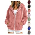thumbnail image 1 of Womens Fuzzy Jacket Solid Color Long Sleeve Zip-Up Fleece Hooded Jacket with Drawstring and Pockets Fall Winter Trendy Fuzzy Jackets with Pockets, 1 of 8