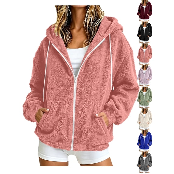 Womens Fuzzy Jacket Solid Color Long Sleeve Zip-Up Fleece Hooded Jacket with Drawstring and Pockets Fall Winter Trendy Fuzzy Jackets with Pockets