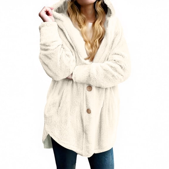 Womens Fuzzy Jackets Hooded Cardigan Open Front Sherpas Coat Outwear with Pockets