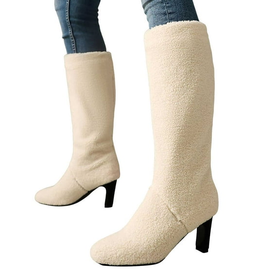 Womens Fuzzy Knee High Boots Warm Plush Pointed Toe Mid Calf Booties Block High Heel Non Slip Walking Dress Shoes White Size 7.5