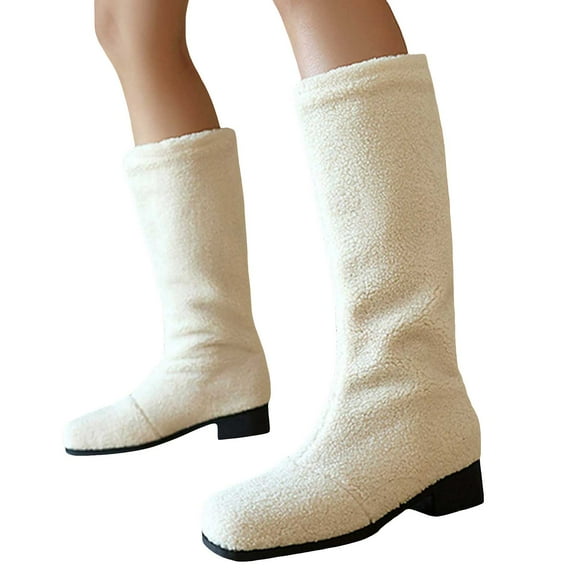 Womens Fuzzy Knee High Boots Warm Plush Square Toe Mid Calf Booties Block Low Heel Non Slip Walking Dress Shoes Beige Size 6