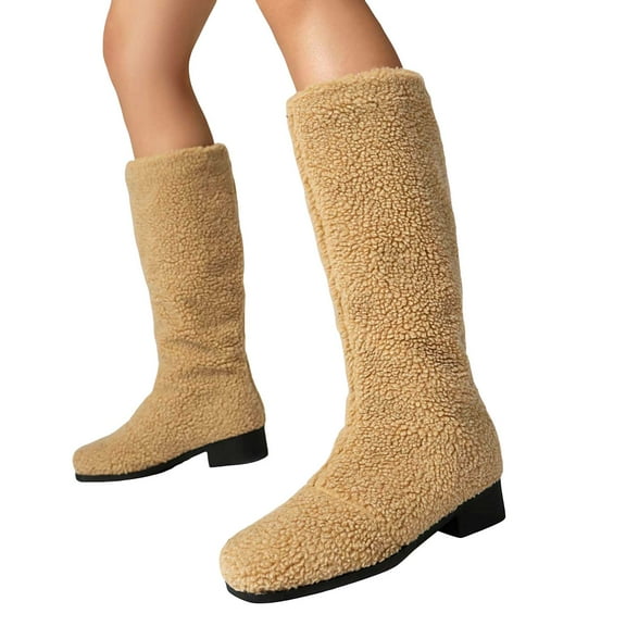 Womens Fuzzy Knee High Boots Warm Plush Square Toe Mid Calf Booties Block Low Heel Non Slip Walking Dress Shoes Brown Size 6.5