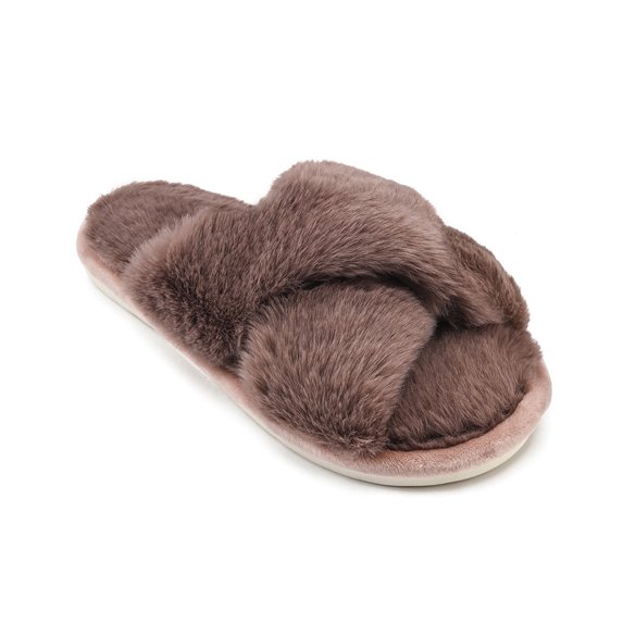 Womens Fuzzy Memory Foam Slippers Cross Band Cozy Plush Home Slippers Fluffy Furry Open Toe House Shoes Indoor Outdoor Slide Slipper