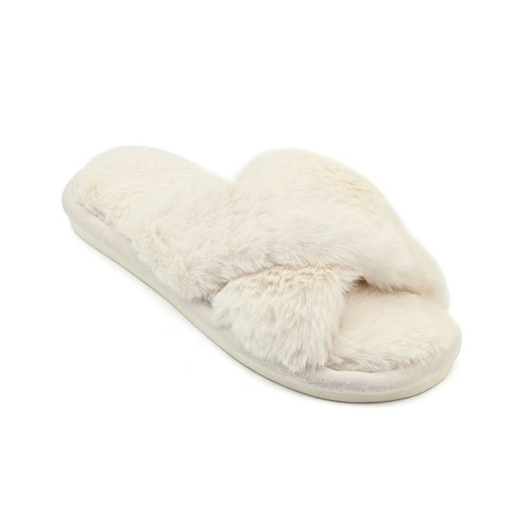 Womens Fuzzy Memory Foam Slippers Cross Band Cozy Plush Home Slippers Fluffy Furry Open Toe House Shoes Indoor Outdoor Slide Slipper