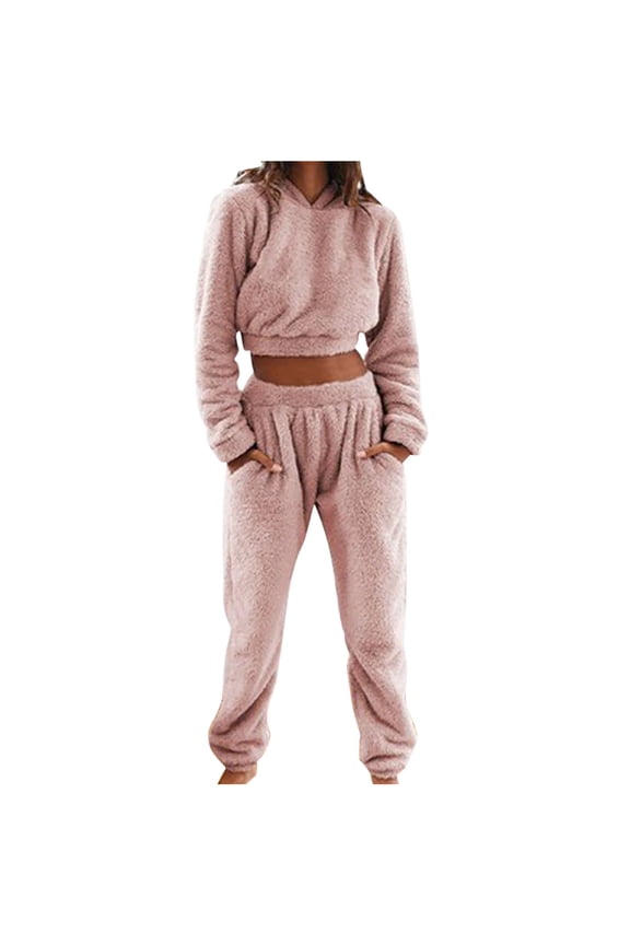Womens Fuzzy Pajamas Set Lounge Fluffy Fleece Sleepwear Cropped Hoodies Tapered Pants Two Piece Sets Loungewear
