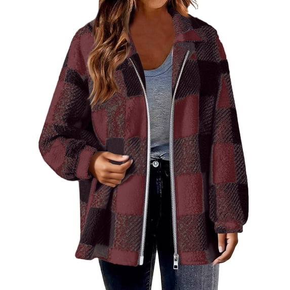 Womens Fuzzy Plaid Flannel Jacket 2026 Winter Casual Fall Sherpa Fuzzy Warm Zip Up Button Long Sleeve Coat Outwear