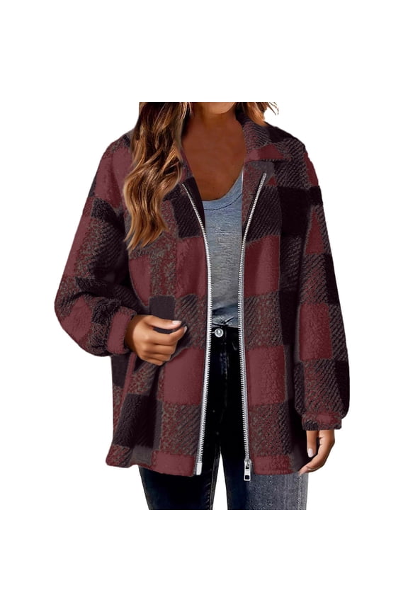 Womens Fuzzy Plaid Flannel Jacket 2026 Winter Casual Fall Sherpa Fuzzy Warm Zip Up Button Long Sleeve Coat Outwear
