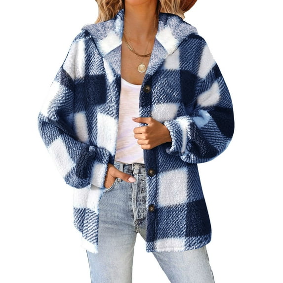 Womens Fuzzy Plaid Shacket Jacket Business Casual Elegant 2023 Fall Winter Long Sleeve Shawl Collar Button Down Warm Trench Coats Fleece Lined Jackets Hooded Cardigan Warm Outwear