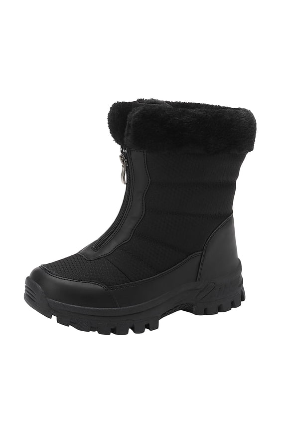 Womens Fuzzy Platform Non Slip Winter Boots Wide Toe Box Mid Calf Snow Booties Comfortable Slip On Walking Shoes with Front Zipper Black 7.5