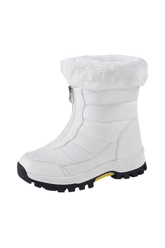 Womens Fuzzy Platform Non Slip Winter Boots Wide Toe Box Mid Calf Snow Booties Comfortable Slip On Walking Shoes with Front Zipper White 7