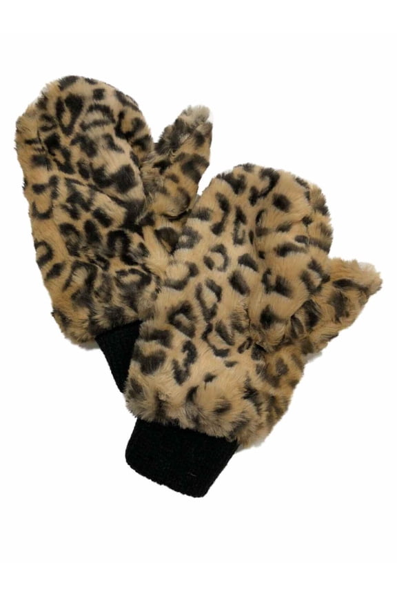 Womens Fuzzy Plush Brown & Black Leopard Print Faux Fur Mittens Cheetah