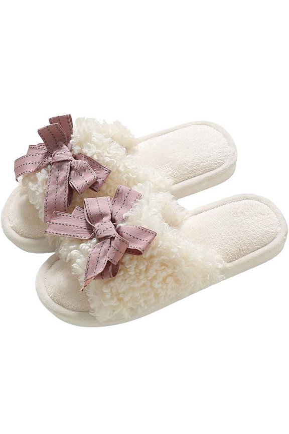 Womens Fuzzy Plush Flat Slippers Sweet Bowknot Open Toe Cozy Warm Anti-Slip Slip-On House Shoes Sandals