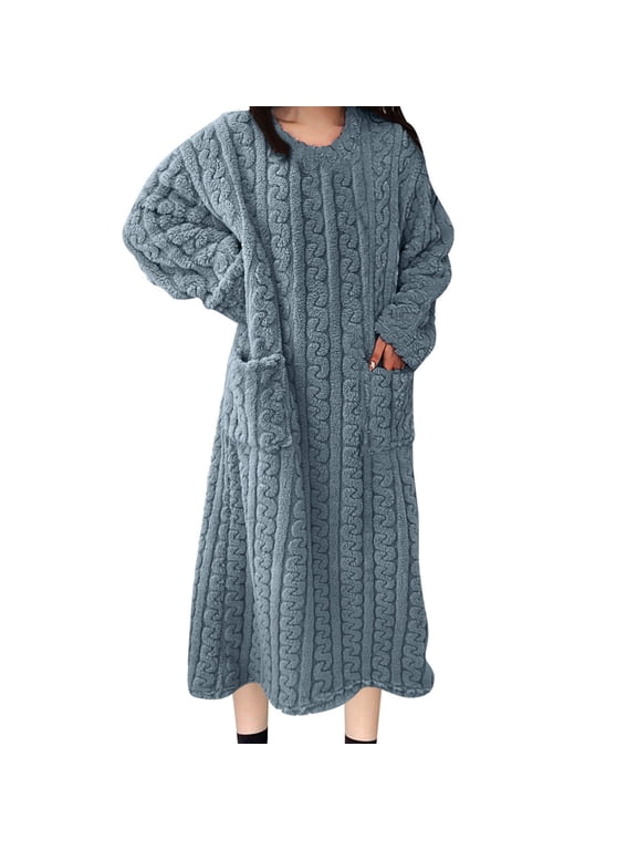 Womens Fuzzy Plush Long Robe Full Length Flannel Fleece Bathrobe Warm Housecoat Navy L