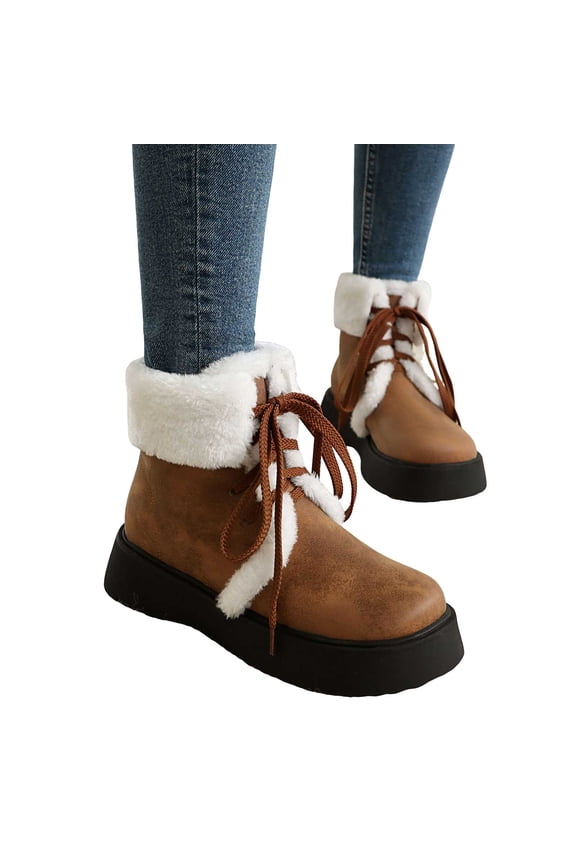 Womens Fuzzy Plush Platform Boots Winter Warm Fleece Lined Lace Up Combat Booties Comfortable Round Toe Non Slip Ankle Boots Yellow Size 6