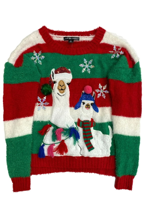 Womens Fuzzy Red Stripe Sequin Pom Llama Christmas Holiday Sweater X-Small