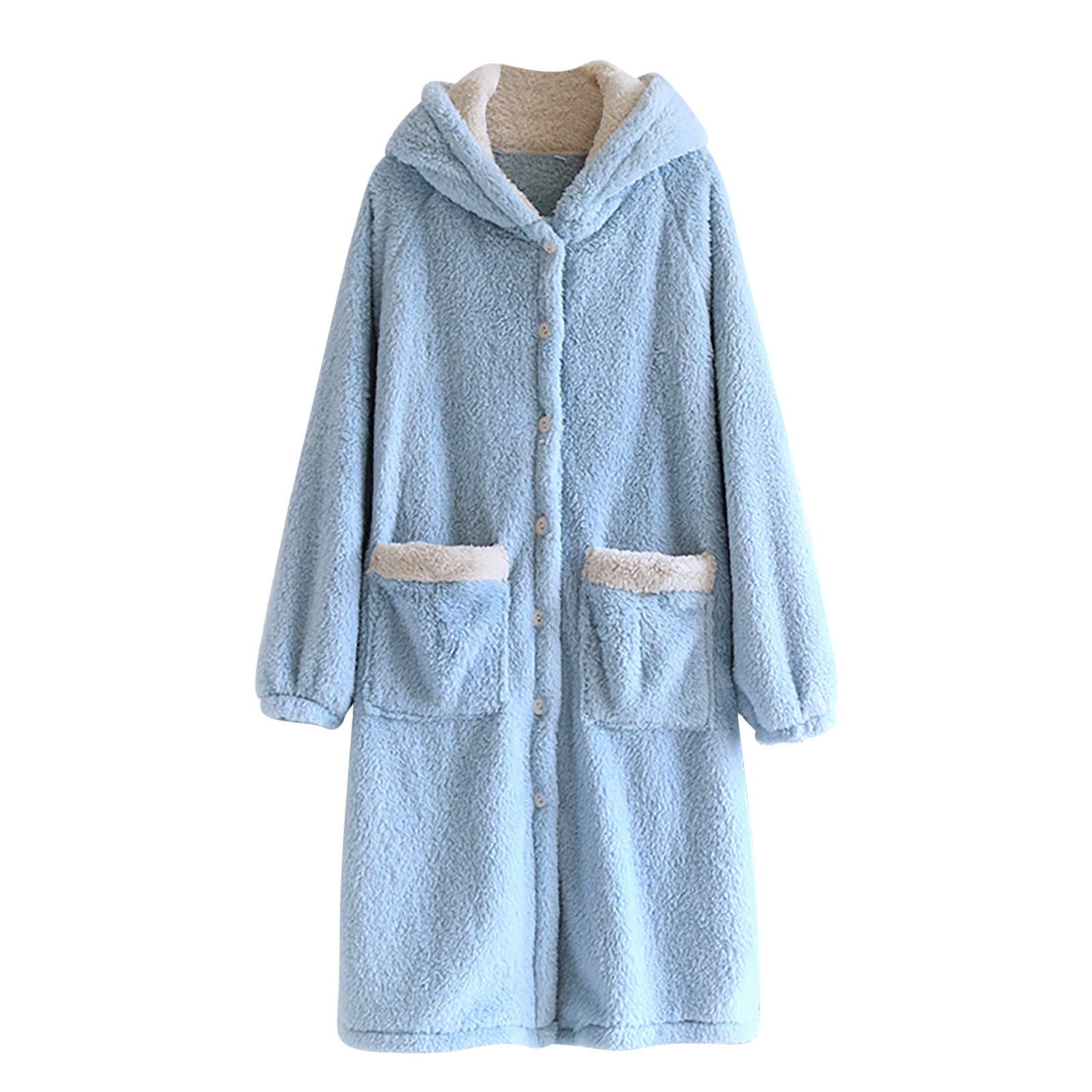 Sleep Robe Fluffy Womens Plush Fleece Hooded Bathrobe Button Down Thick Nightgown Long ...