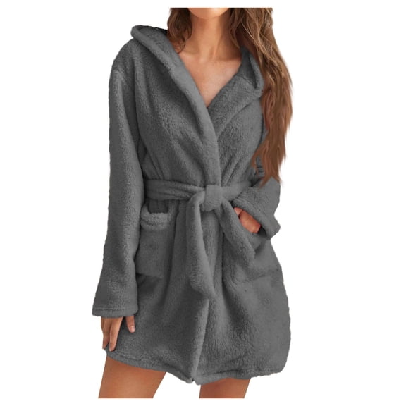 Womens Fuzzy Robe Mid Length Bathrobe Belted Soft Bath Robes Plush Kimono Robe with Pockets Fall Winter Spa Robes Gray S