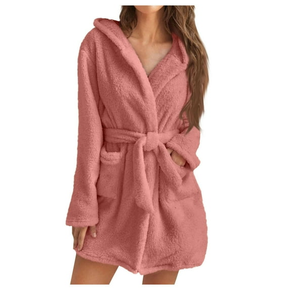 Womens Fuzzy Robe Mid Length Bathrobe Belted Soft Bath Robes Plush Kimono Robe with Pockets Fall Winter Spa Robes Watermelon Red M