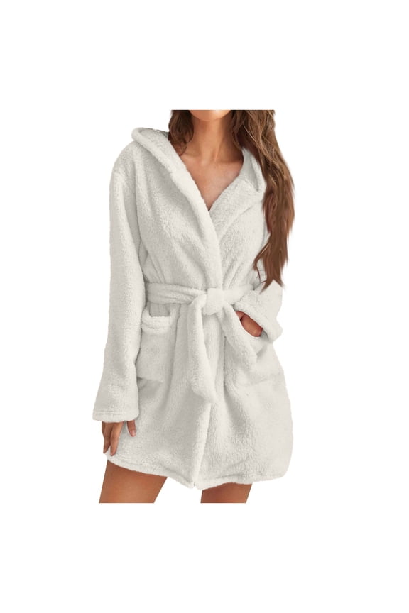 Womens Fuzzy Robe Mid Length Bathrobe Belted Soft Bath Robes Plush Kimono Robe with Pockets Fall Winter Spa Robes White 2XL