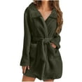 thumbnail image 1 of Womens Fuzzy Robe Short Bathrobe Belted Soft Fall Winter Spa Fleece Plush Lapel Neck Kimono Bath Robe with Pockets (M, Army Green), 1 of 5