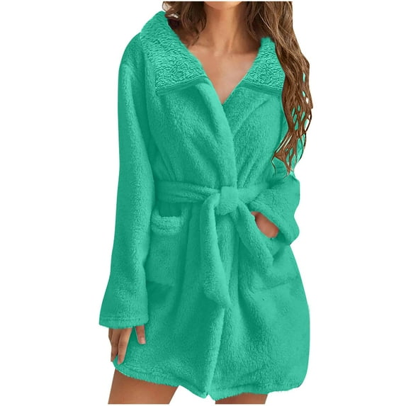 Womens Fuzzy Robe Short Bathrobe Belted Soft Fall Winter Spa Fleece Plush Lapel Neck Kimono Bath Robe with Pockets (M, Mint Green)