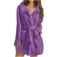 thumbnail image 1 of Womens Fuzzy Robe Short Bathrobe Belted Soft Fall Winter Spa Fleece Plush Lapel Neck Kimono Bath Robe with Pockets (M, Purple), 1 of 5