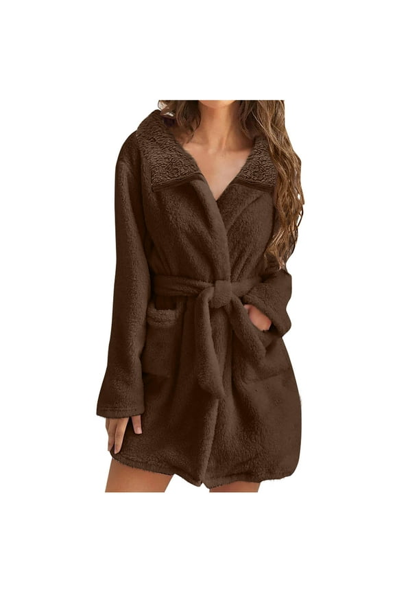 Womens Fuzzy Robe Short Bathrobe Belted Soft Fall Winter Spa Fleece Plush Lapel Neck Kimono Bath Robe with Pockets (S, Brown)