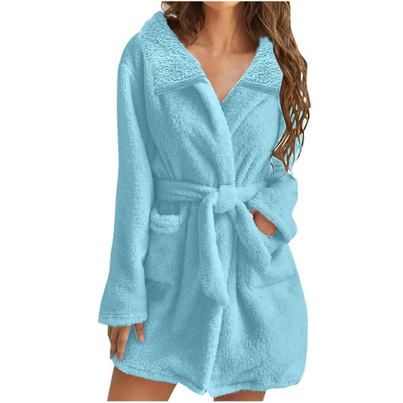 Womens Fuzzy Robe Short Bathrobe Belted Soft Fall Winter Spa Fleece Plush Lapel Neck Kimono Bath Robe with Pockets (XL, Light Blue)