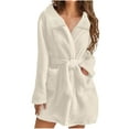 thumbnail image 1 of Womens Fuzzy Robe Short Bathrobe Belted Soft Fall Winter Spa Fleece Plush Lapel Neck Kimono Bath Robe with Pockets (XL, White), 1 of 5