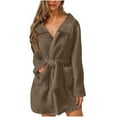 thumbnail image 1 of Womens Fuzzy Robe Short Bathrobe Belted Soft Fleece Bath Robes with Pockets Fall Winter Warm Spa Nightgown Coffee M, 1 of 5